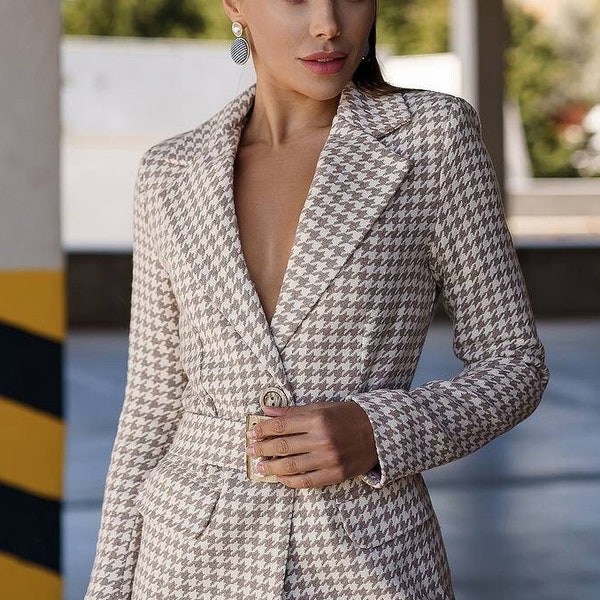 Houndstooth Print Lapel Collar Blazer