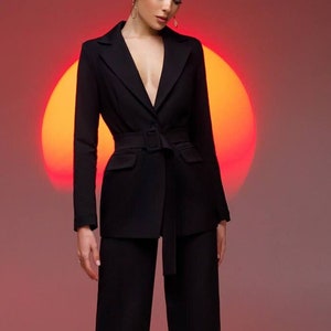 Black formal Pantsuit for Women, Wide Leg Pants High Rise Suit, Belted Black Blazer for Women, Black Pantsuit For Women, Office Wear Women