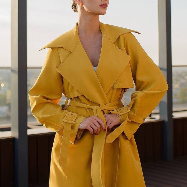 Trench jaune moutarde femme, trench-coat en coton, trench-coat ceinturé pour femmes, trench-coat à double boutonnage pour l’automne