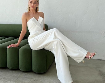 White Sleeveless Corset Jumpsuit, Tall Women, Wedding Reception