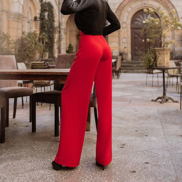 Red Women's High Waist Trousers, Wide Leg Pants for Women, red Palazzo Pants for Women, Tall Women Palazzo Pants high Rise, Business Casual