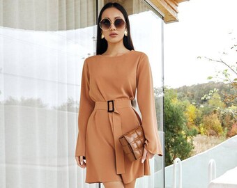 Silk Beige Mini Dress with Long Sleeves, Casual Silk Mini Dress with Belt, Modest Mini Dress