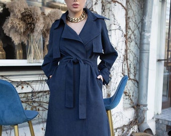 Navy Blue Trench Coat Women Small, Cotton Trench Coat, Belted Trench Coat for Women, Double-Breasted Trench Coat