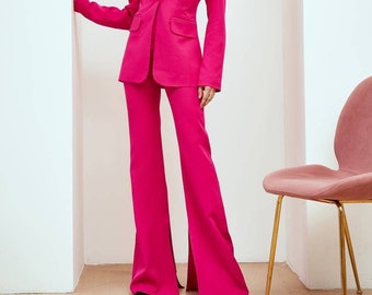 Hot Pink Pantsuit for Women, Pink Flared Pants Suit With Fitted