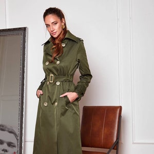 Khaki green coat for Women, Long Trench Coat, Cotton Rain Coat, Belted Double-Breasted Coat for women, Spring Coat for Women, Spring Coat