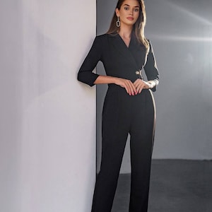 Black Formal Jumpsuit for Women, Black Womens Jumpsuit, Black Onepiece Womens, women's Jumpsuit with Sleeves, Womens Formal Wear for Office