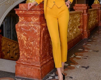 Pants ONLY Mustard Yellow Pants, High Waist Regular Fit Pants for Women, Yellow Classic Pants for Women, Office pants Womens