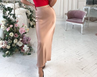 Silk Midi Skirt Beige Silk Midi Skirt Bias Cut Silk Skirt Modest Skirt for Women Silk Office Skirt Special Occasions Silk Long Skirt