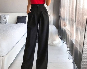 Schwarze High Waist Hose für Frauen, Business Casual Hose für Frauen, Büro Palazzo Hose für große Frauen, Klassische Palazzo Hose