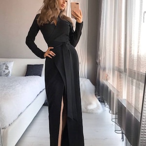 Black Maxi Wrap Dress Long Sleeve Maxi Dress With V-neck - Etsy