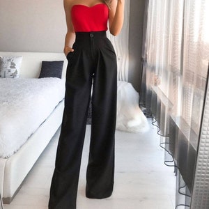 Black High Waist Trousers for Women, Business Casual Trousers for Women, Office Palazzo Pants for Tall Women, Classic Palazzo Pants