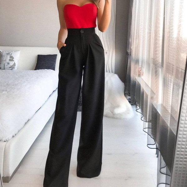 Schwarze High Waist Hose für Frauen, Business Casual Hose für Frauen, Büro Palazzo Hose für große Frauen, Klassische Palazzo Hose