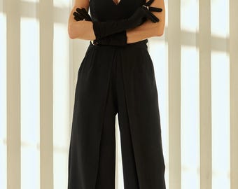 Strapless Black Formal Jumpsuit, Corseted Top, Wide Leg, Side Slit Evening Romper