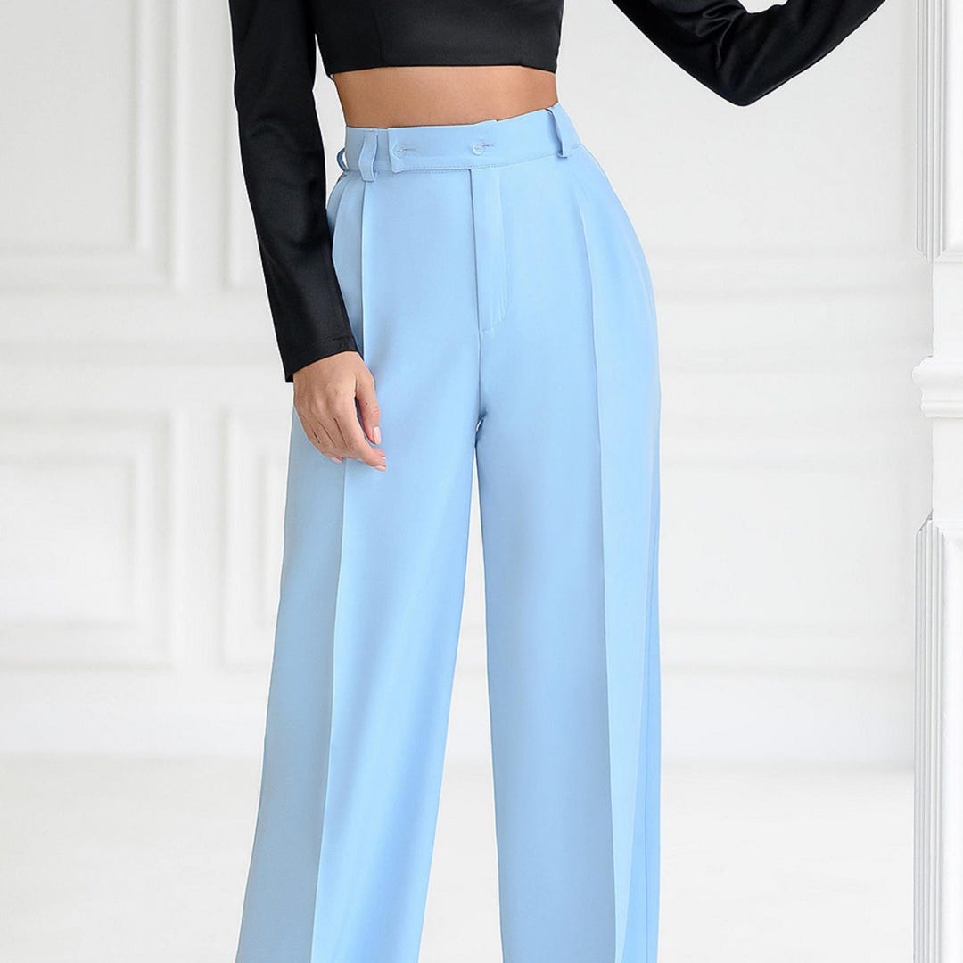 Blue Palazzo Pants for Women, High Waist Wide Leg Pants for