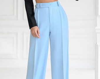 Blue Palazzo Pants for Women, High Waist Wide Leg Pants for