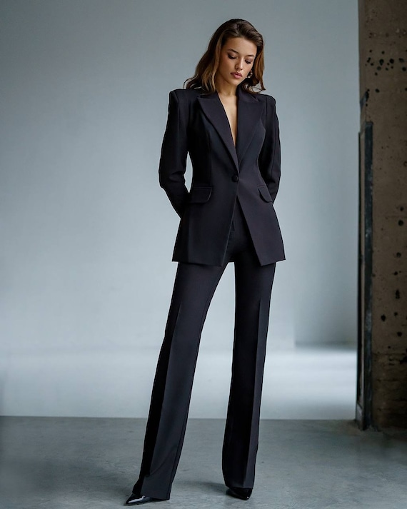 Black Formal Pants Suit With Single Breasted Blazer and Straight Pants High  Waist, Black Blazer Trouser Suit for Women, Black Office Suit 