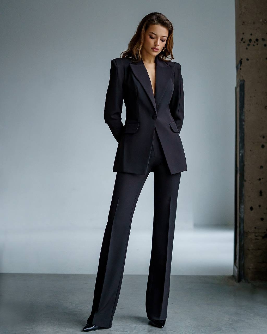 Bell Bottom Pants Suit Set With Black Blazer, Puffed Sleeve Blazer