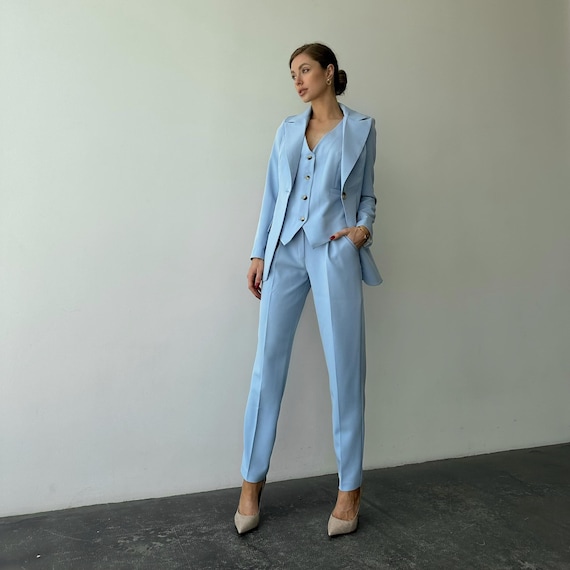 Light Blue Womens 3-piece Pantsuit set for office women Light Blue Womens 3-piece Pantsuit set for office women