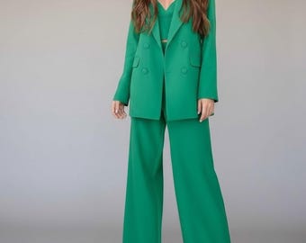 Grass Green Blazer Trouser Suit with Crop Top and Wide Leg Pants