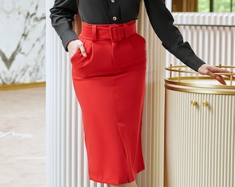 【送料&関税込】MSGM Red Skirt With Pencil Design And All-ov TheMogan Women's S~3X Side Slit Ponte Knit High Waist Mid
