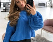 Blue Knit Sweater for Women, Knit Blue Womens Sweater, Chunky Knit Top, Oversized Knit Pullover, Dropped Shoulder Sweater for Women