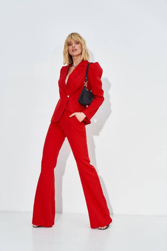 Red Bell Bottom Pants Suit Set With Red Blazer, Puffed Sleeve Blazer for  Women, Red Trouser Set for Women, Red Pants Suit Set Womens 