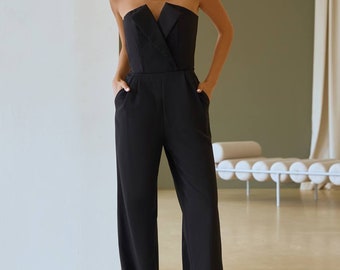 Black Formal Jumpsuit Womens, Wedding Guest Outfit, Women Jumpsuit for Wedding Reception, Birthday Outfit, Sleeveless Jumpsuit with Corset