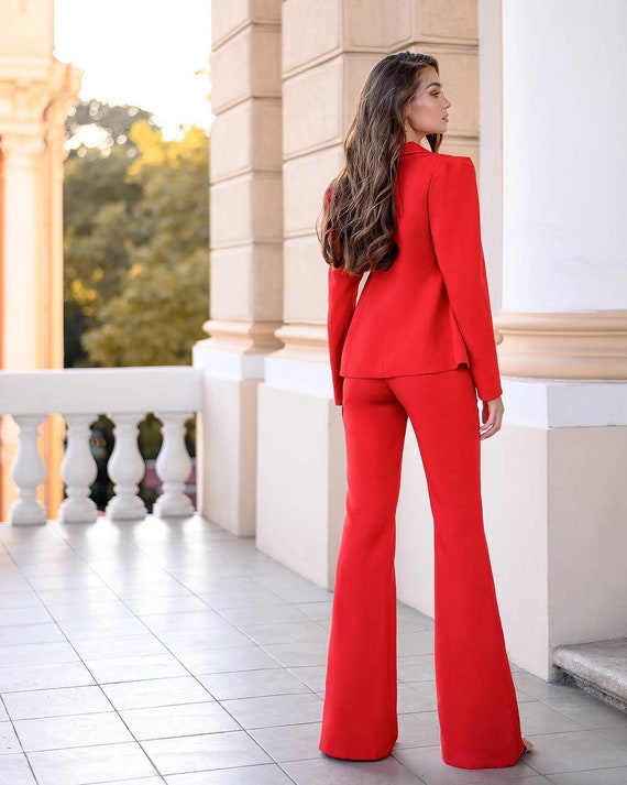 Red Bell Bottom Pants Suit Set With Red Blazer, Puffed Sleeve Blazer for  Women, Red Trouser Set for Women, Red Pants Suit Set Womens 