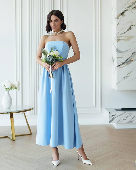 light blue formal dress midi Light Blue Corseted Midi Sleeveless Dress