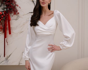 Satin White Midi Dress with Sweetheart Neckline and Long sleeves, Elopement Midi Dress with Long Sleeves, Courthouse Wedding Dress