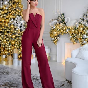 Burgundy Formal Jumpsuit Womens, Burgundy Romper Womens Onepiece for Wedding Reception, Birthday Outfit, Sleeveless Jumpsuit with Corset