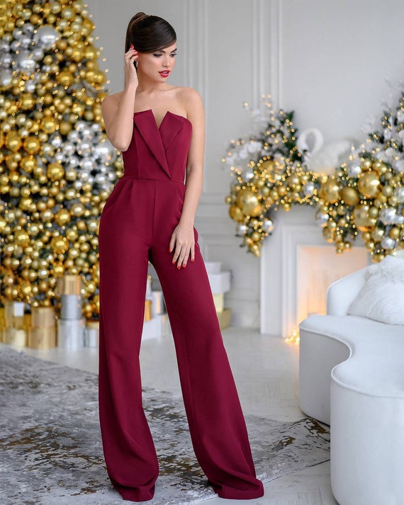 Burgundy Formal Jumpsuit Womens, Burgundy Romper Womens Onepiece