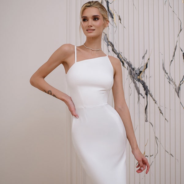 Robe élégante Midi blanche sans manches, robe sans manches White Midi Bodycon pour anniversaires et célébrations, robe Midi Elopement