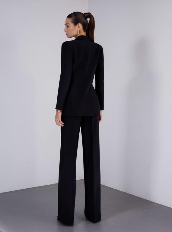 Black Three-piece Pantsuit Wide Leg Trousers Crop Bustier Top and