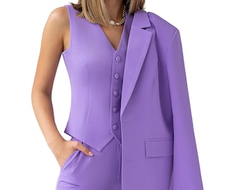 Traje de pantalón blazer lavanda, traje de oficina de 3 piezas para mujer