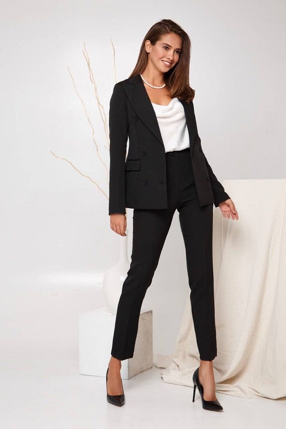 Black Womens Suit, Formal Pantsuit for Women, Black Formal Wear Womens,  Black Blazer and Pants, Double Breasted Blazer Set 