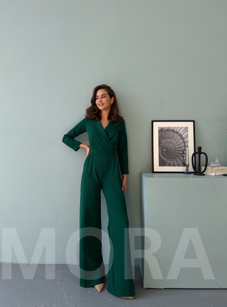 Emerald Green Formal Jumpsuit TALL Women, Womens Jumpsuit, Women Onepiece for Wedding Guest, Birthday Outfit, Jumpsuit with Long Sleeves image 10