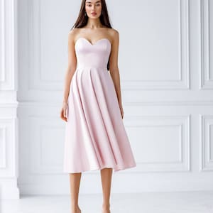 Pearl pink satin midi dress without sleeve, Satin Midi Corseted Dress with circle skirt, white satin fit and Flare dress, Midi bridal dress