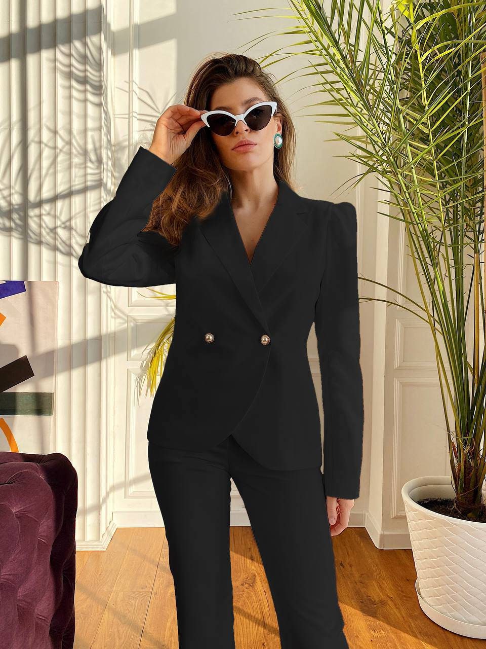 Black Bell Bottom Pants Suit Set With Blazer, Puffed Sleeve Blazer for Women,  Black Trouser Set for Women, Black Pants Suit Set Womens -  Canada