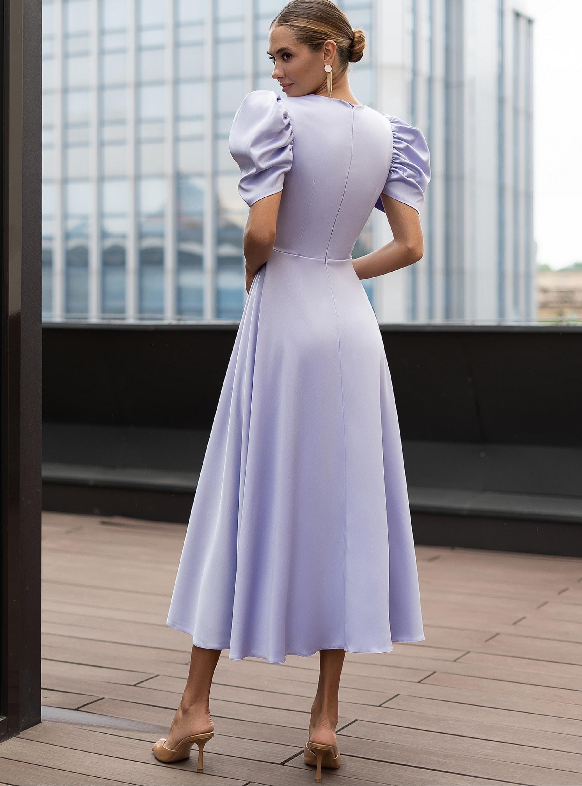lavender satin dress midi Lavender Midi satin dress with puff sleeves for summer