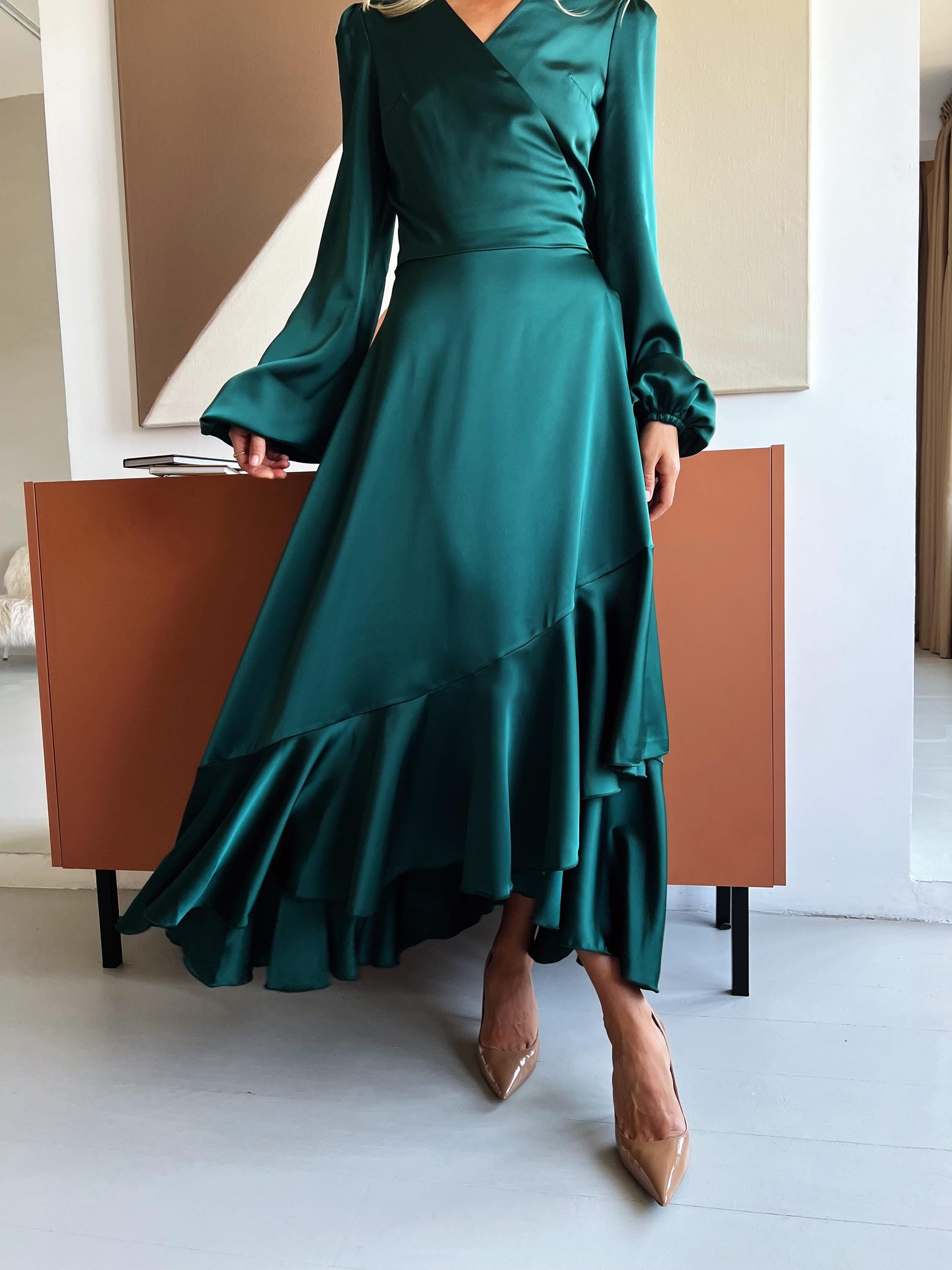 emerald green satin long sleeve wrap dress Christian Peau Silk Long-Sleeve Wrap Dress in Emerald Green