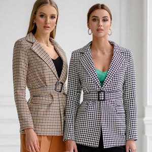 Houndstooth Blazer for Women, Houndstooth Wool Blazer with Belt, 90s blazer for women, Black and White Blazer with Belt