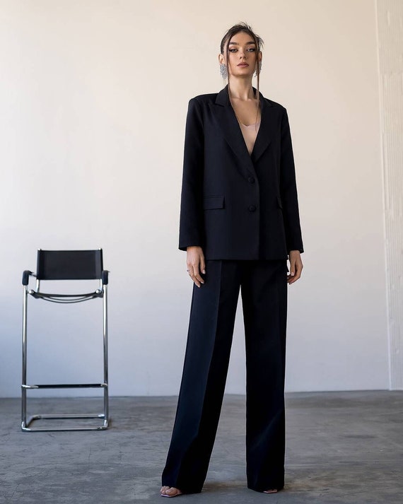 Black Formal Oversized Pantsuit for Women Black Blazer Trouser