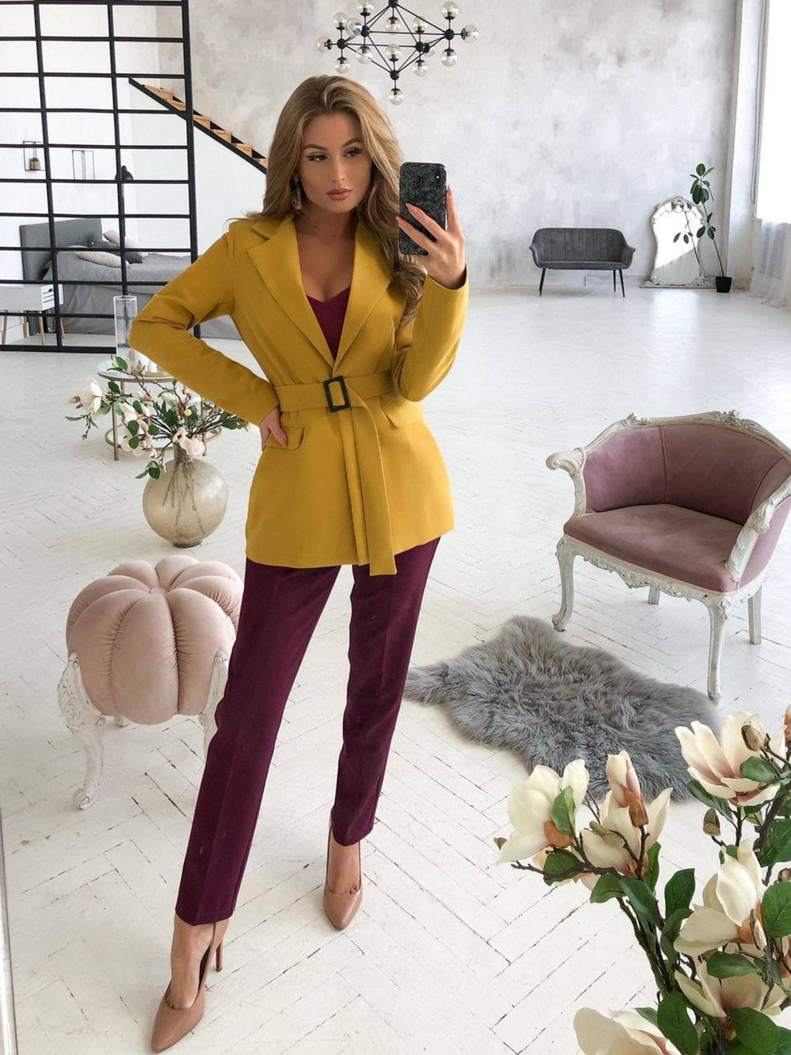 Mustard Yellow Blazer for Women Yellow Wool Blazer With Belt Etsy Canada