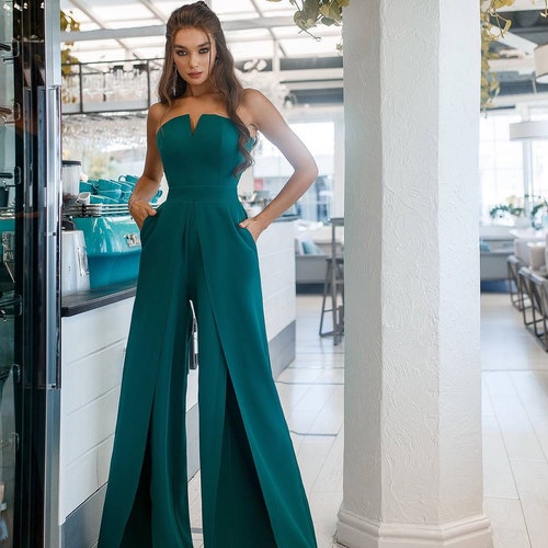 Bottle Green Golden Button Formal Jumpsuit