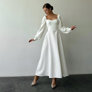 Voluminous Sleeves dress, Midi dress with Long sleeves and Sweetheart Neckline, White Midi Dress for Special Occasions, White Bridal dress