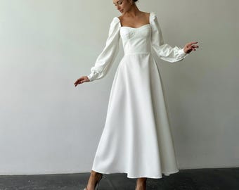 Voluminous Sleeves dress, Midi dress with Long sleeves and Sweetheart Neckline, White Midi Dress for Special Occasions, White Bridal dress