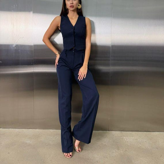 high waisted navy blue dress pants Wide Leg for Tall Women waisted tailored fit * customizable invitation design 20 Dreamy Beach Sunset Size:S (8-10)