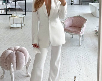 White formal pantsuit for women, white bridal pants suit with Blazer, Tall Women pants suit set, white blazer trouser womens