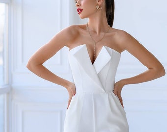 Combinaison formelle blanche pour femme, combinaison blanche de mariée, femme Onepiece pour réception de mariage, tenue d'anniversaire, combinaison sans manches avec corset